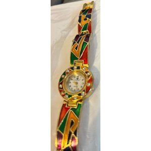Women's VTG Cannes Enamel Abstract Rhinestone Panel Watch Stained Glass NWOT